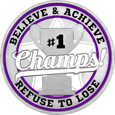 White "Champs!" with Purple Outer Circular Borders